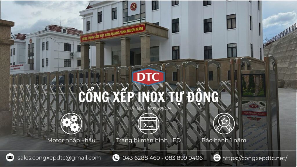 Cổng xếp inox tự động DTC có độ bền cao, giá thành phải chăng